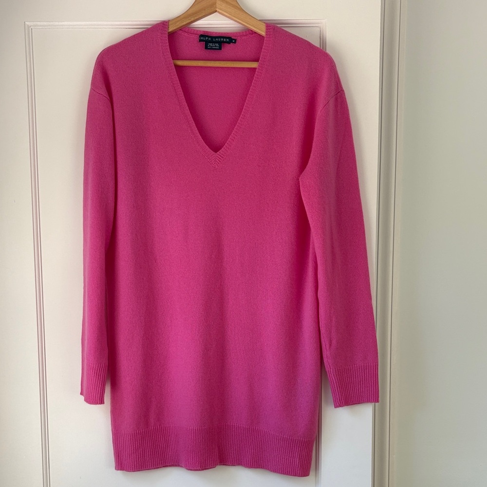 Ralph Lauren Bright Pink V-Neck Cashmere Sweater Dress/Tunic